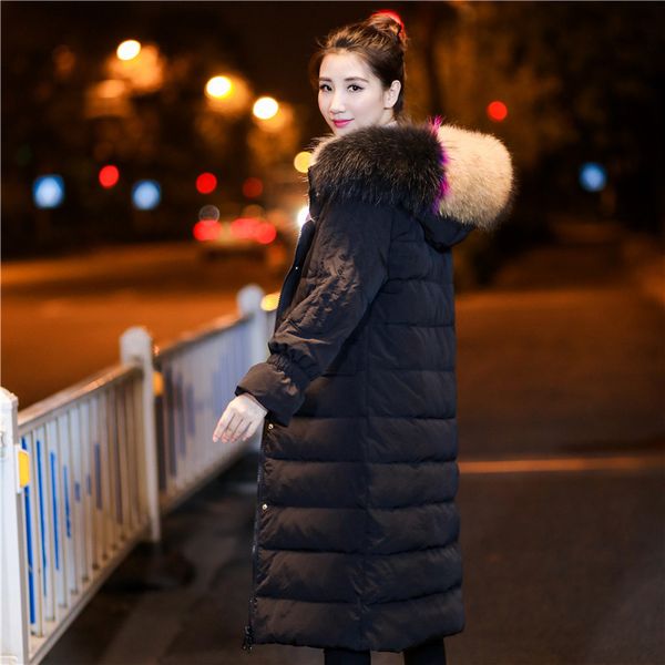 

2019 korean-style puff sleeve slim fit long down jacket women's raccoon fur collar large fur collar thick winter coat wholesale, Black;white