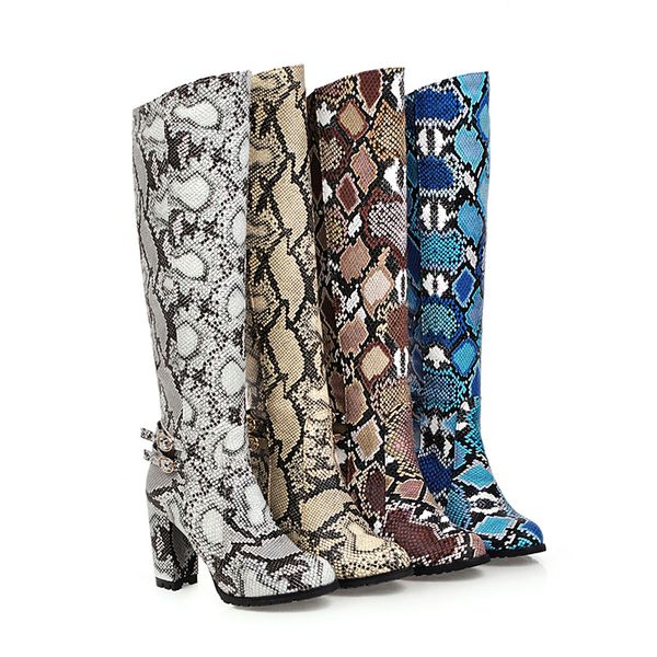 

colorful snake grain ladies boots women knee high boot ladies round toe shoes female zipper high heels shoes sxey winter boots, Black