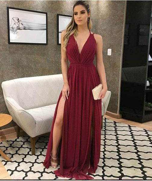 

2019 burgundy chiffon a-line evening dress long side split special occasion dresses v-neck prom dress, Black;red