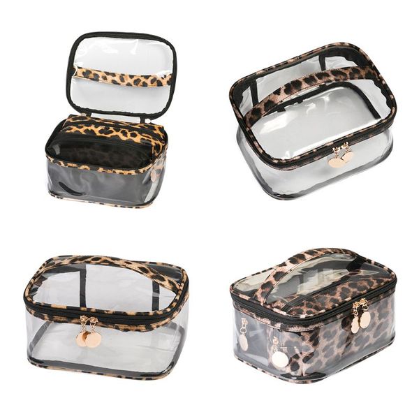 

fashion large capacity leopard print cosmetic bag with handle strap transparent makeup pouch for women girls