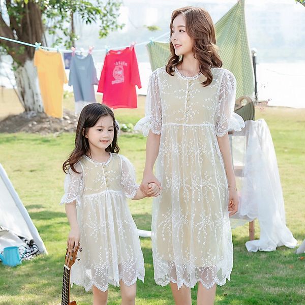 

family matching outfits mother and daughter dress kids dresses for girls fashion baby girl princess party lace patchwork cute, Blue
