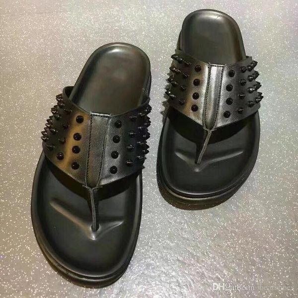 

luxury designer slides red bottom slippers shoes mens black genuine leather with spikes summer flat flip flops soft leather sandals us 12