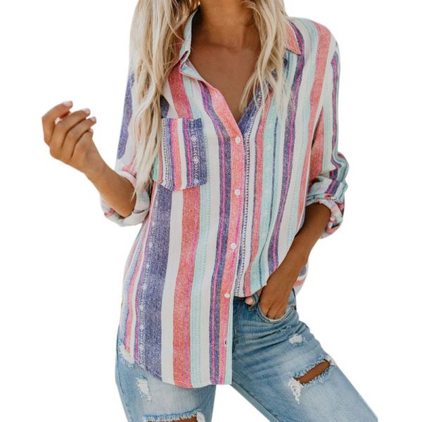 

autumn and winter new european and american fashion color stripes large size shirt, White