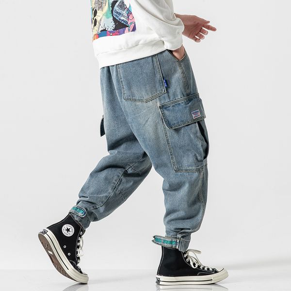 

2019 autumn men's letter embroidery jeans cargo pocket blue color casual pants baggy homme high-quality trousers big size -5xl