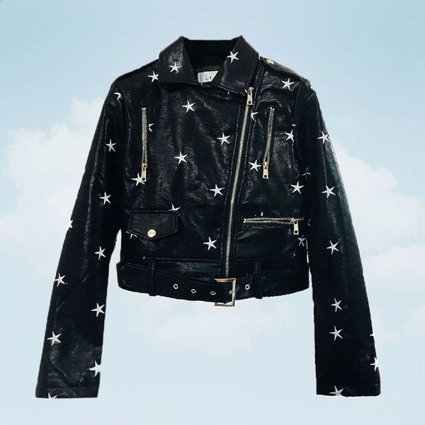 

street fashion pu leather jacket 2019 new womens star embroidery casual motorcycle jackets bright streetwear clothes women ty58, Black;brown