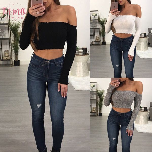 

summer loose casual shirts fashion ladies off the shoulder bodycon knittes ribbed blouse fashion women off shoulder crop, White