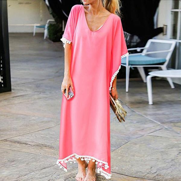 

women beach dress short sleeve casual dress women round neck vestido long party dresses vestido tassel cover up
