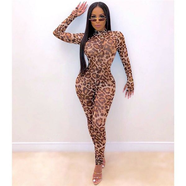 

women long sleeve leopard mesh jumpsuits cool tight jumpsuits, Black;white