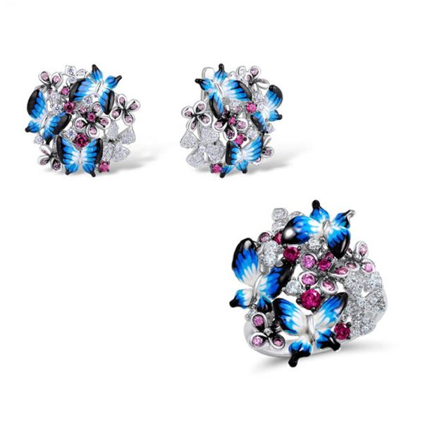 

jewelry set for girl 925 sterling silver handmade colorful enamel blue butterfly cz ring earrings set fine jewelry gift