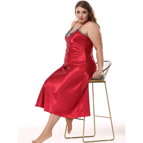

factory outlet satin silk nightdress women's big size imitation silk nightgowns lace v-neck sling long sleeping dress 95051, Black;red