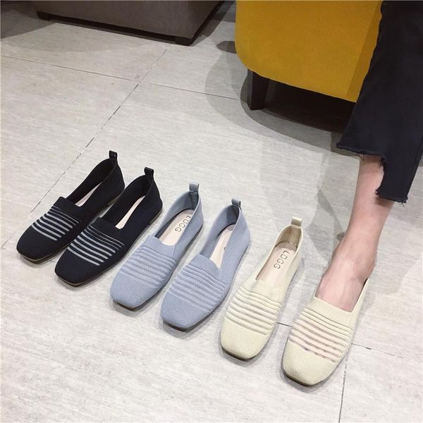 

selling woman casual shoes 2019 fashion lady low-heeled shoe square toe cap breathable knitted fabric design asian size, Black