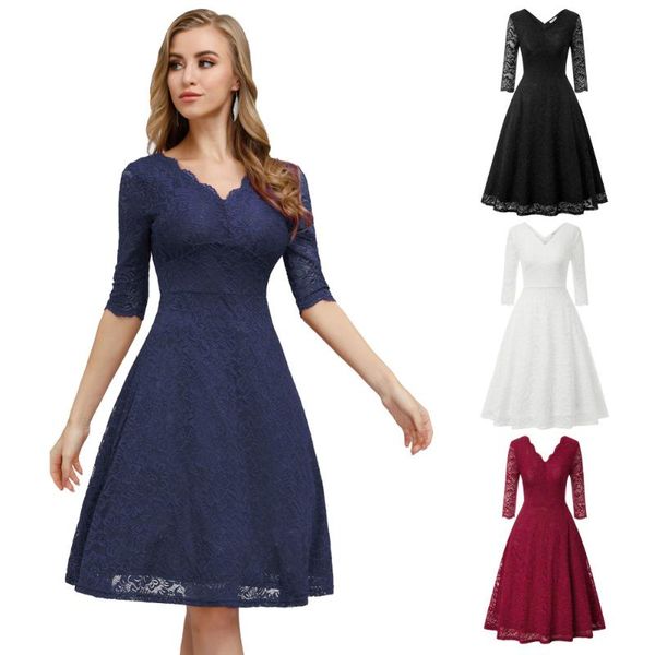 

casual dresses women lace dress 3/4 sleeve v-neck flared a-line wedding party elegant swing knee length summer lady retro, Black;gray