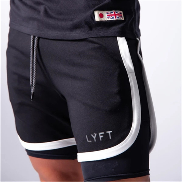 

gym shorts men running sport fitness sweatpants double-deck pants crossfit workout bodybuilding jogging 2 in 1 training shorts, Black;blue