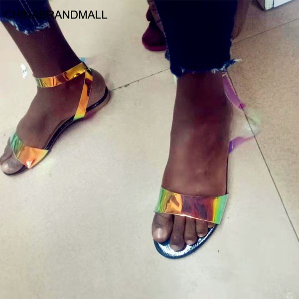 

women summer colorful open toe slip on sandals woman bukle strap flat casual shoes female pu transparent lady fashion shoes, Black