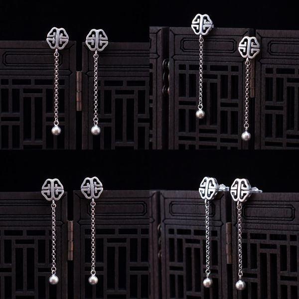 

925 s silver long fund hollow out as one wishes earrings classical written words temperament in national customs do used tassels, Golden