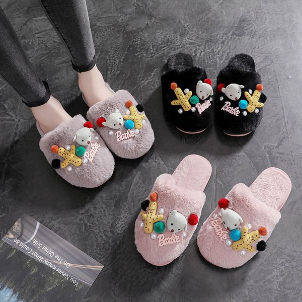 

slippers casual fur shoes rubber flip flops low slides luxury plush hawaiian flat basic floral appliques tpr fashion shearling, Black