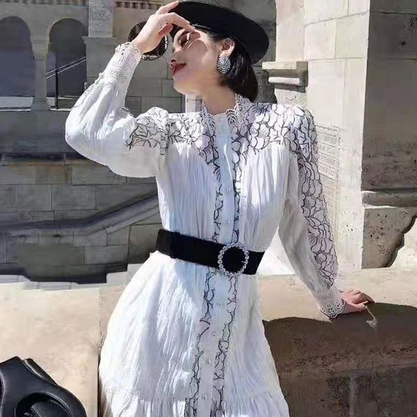 

new winter and spring style half high neck light and see through print slim waist, fashionable medium length dress for women a50, White;black