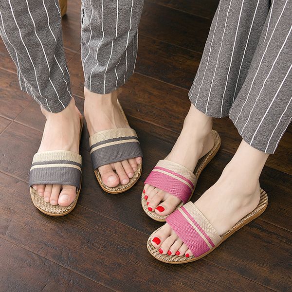 

couple home slippers women summer indoor home soft bottom fabric flax slippers men winter slip-proof thick bottom, Black