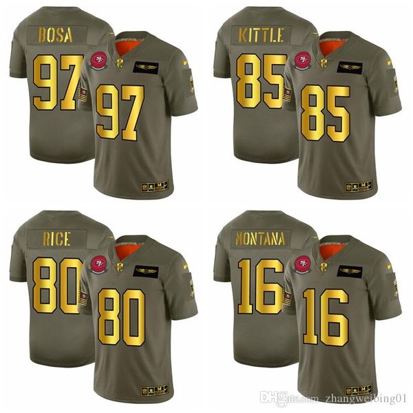 

san francisco 49ers 10 garoppolo 97 bosa kaepernick 16 joe montana 80 jerry 85 kittle 2019 salute to service nfl jersey, Black