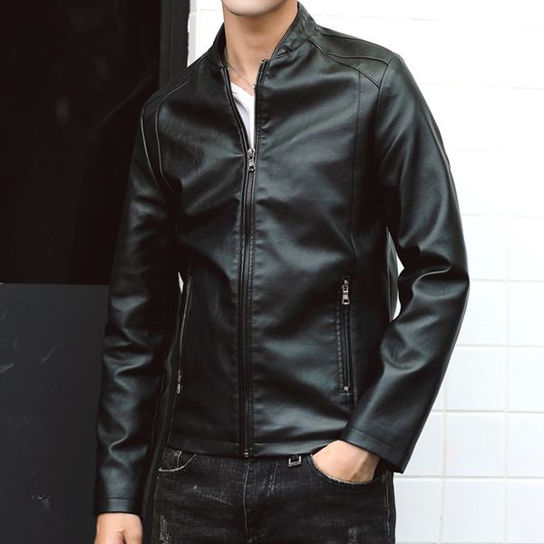 

mens leather jacket brand brown slim jacket men outerwear biker motorcycle men pu leather clothing, Black