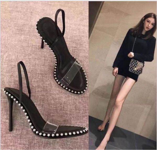 

word with transparent fish mouth black stiletto high heel women's sandals back empty shoes