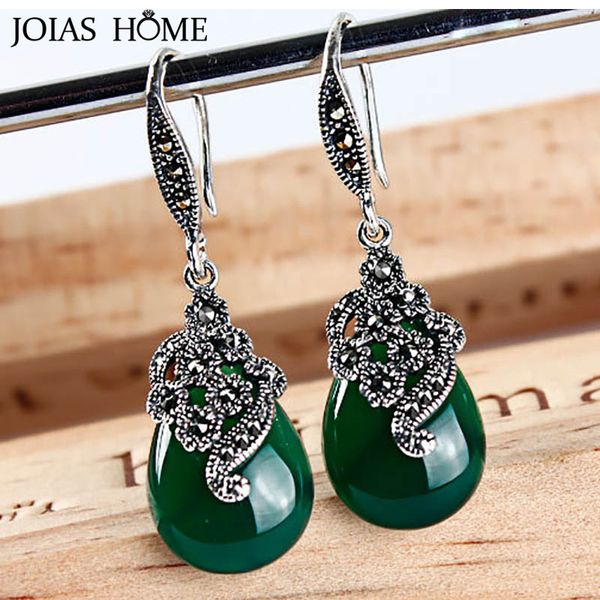 

joiashome vintage 925 sterling silver earrings drops thai silver green agate ruby long earrings women party gift wholesale, Golden;silver