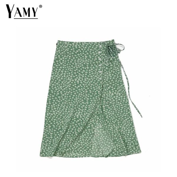 

2019 summer wrap long skirts womens vintage lolita green floral print split high waist skirt women korean fashion streetwear, Black;gray
