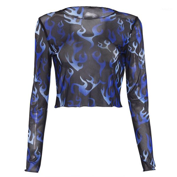 

fashion women mesh sheer long sleeve floral printed transparent t-shirt crop ladies clothes1, White