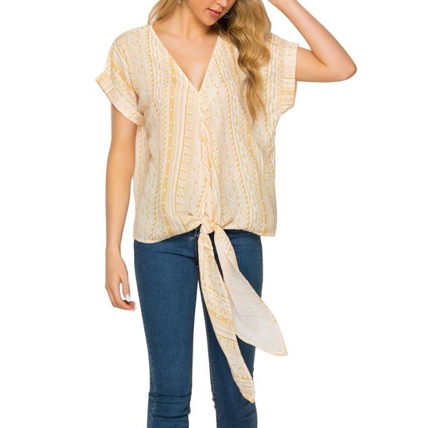 

women fashion chiffon v neck geometry printed short sleeve front knot casual daily t-shirt, White