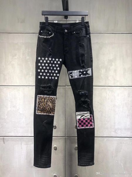 

2019ss solid classic style fashion straight leopard grain biker blue jeans pants distressed water diamond zebra stripes jeans size 28-36