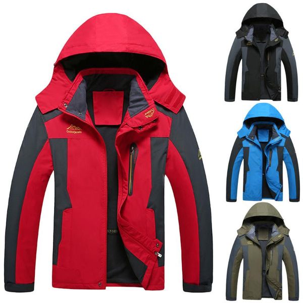 

large size men's casual hooded jacket autumn winter fleece warm outwear coat outdoor hiking ski patchwork zipper jacket yl5, Black;brown