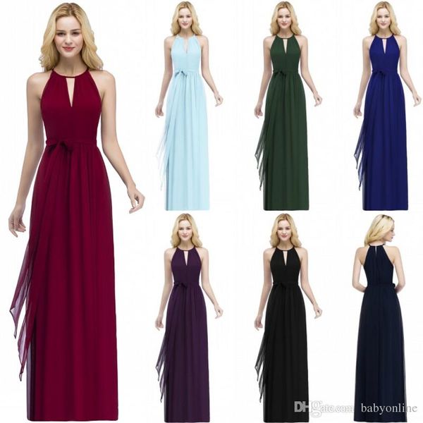 Neue Ankunft Burgund Chiffon Brautjungfer Kleid Bodenlangen Falten Abend Prom Gowns Sexy Halter Hals mit Gürtel CPS868