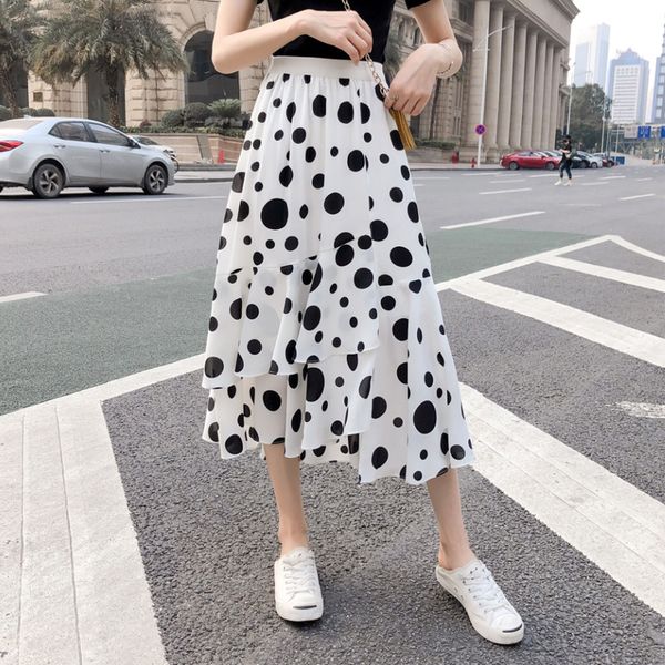 

2020 summer a-line skirt women elegant polka dot elastic waist mid-calf skirt female bohemian loose irregular umbrella skirts, Black