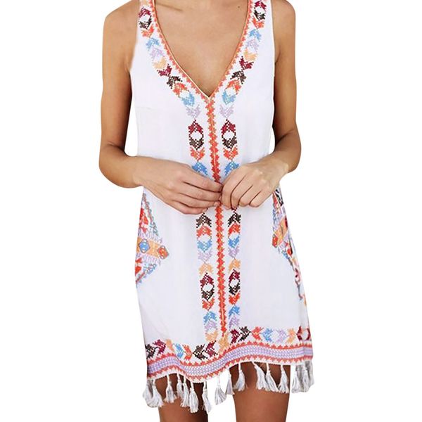 

summer dress women 2019 bohemia tassel casual print v neck sleeveless beach mini dress for holiday party beach, Black;gray