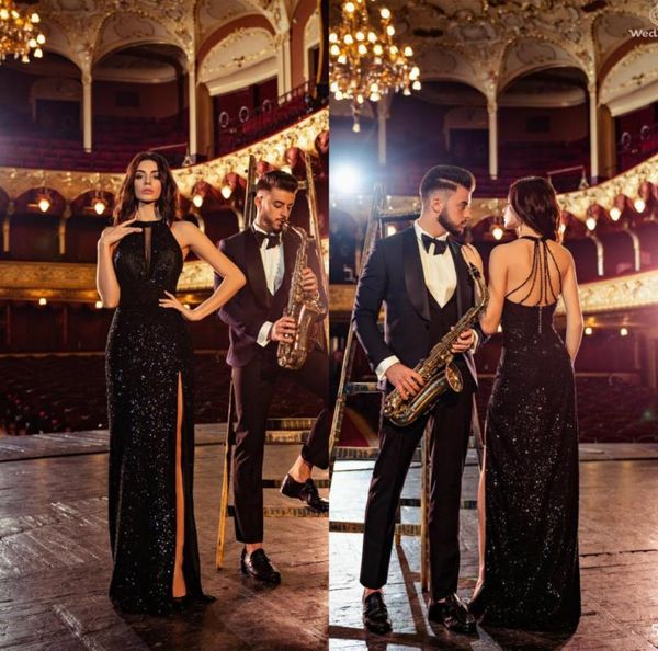 

luxury sparkly evening dresses sequins high collar sleeveless criss cross straps back prom dress side split party gowns outfits, White;black