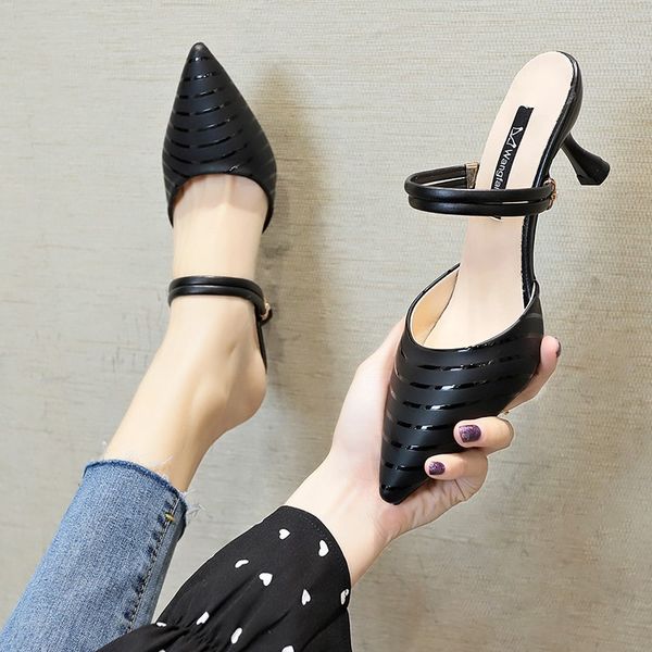 

dropshipping woman stiletto high heels mules mujer wine red pointed toe pumps women spring summer slingbacks strapy sdandals, Black