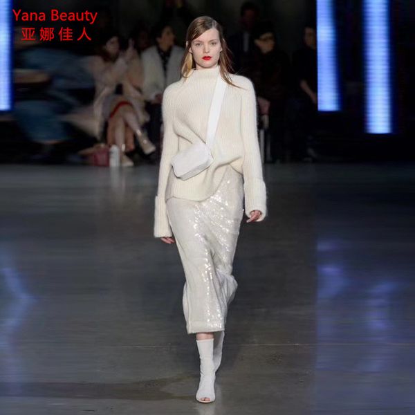 

new fashionable half high collar, loose knitted sweater, skinny sequined half length skirt suit in autumn and winter, White