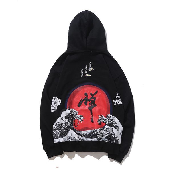 

chinese letter wave printed hoodies men 2018 hip hop japanese streetwear harajuku women fleece autumn hoodie sweatshirts, Black