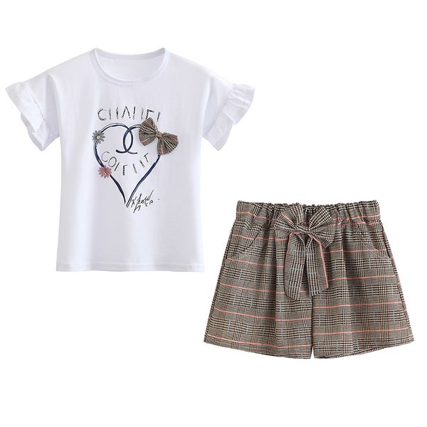 

summer children baby girls casual letters pattern t-shirt +plaid shorts with bowknot outfits set a, White