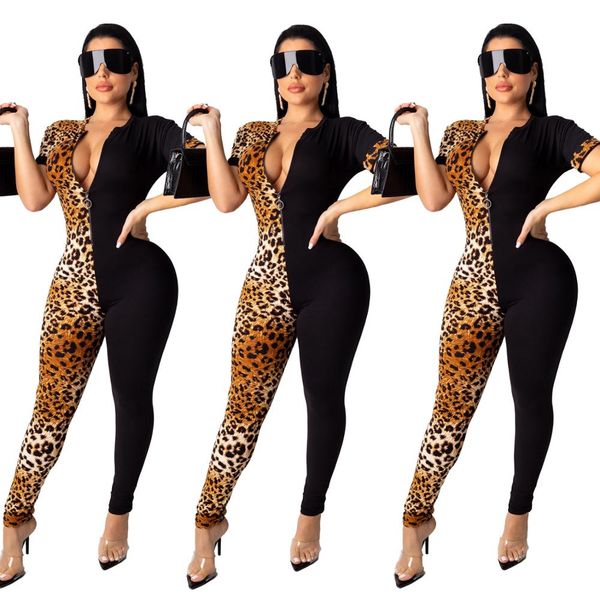 

women leopard patchwork skinny jumpsuits v neck short sleeves double colors fashion party nightclub rompers pants, Black;white