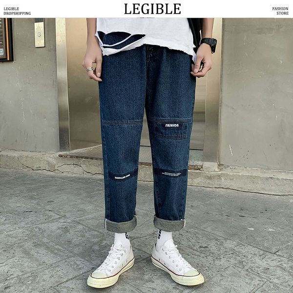 

legible 2020 straight jeans pants mens fashion letter printed denim pants men trousers casual loose ankle-length men, Blue