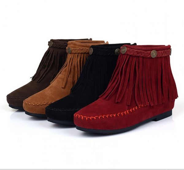 Sıcak Satış-Kadınlar Kış Flats takozları Asansör Püskül Sahte Süet Bilek Boots Lady Büyük Artı boyutu Fringe Kısa Çizme Artı boyutu 34-43 SXQ0528