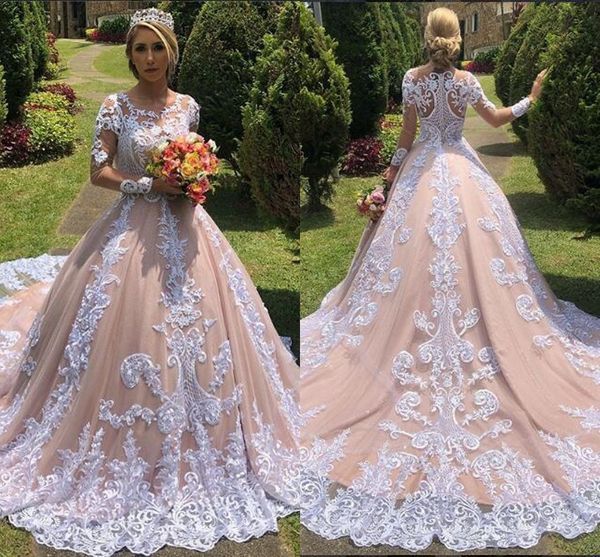 

шампанское румяна с длинным рукавом свадебные платья 2019 собор поезд sheer jewel шеи полный кружева аппликация сад церковь свадебное свадеб, White