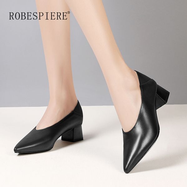 

robespiere autumn women pumps pointed toe genuine leather shoes girls slip on thick heel deep v design office dress pumps a117, Black