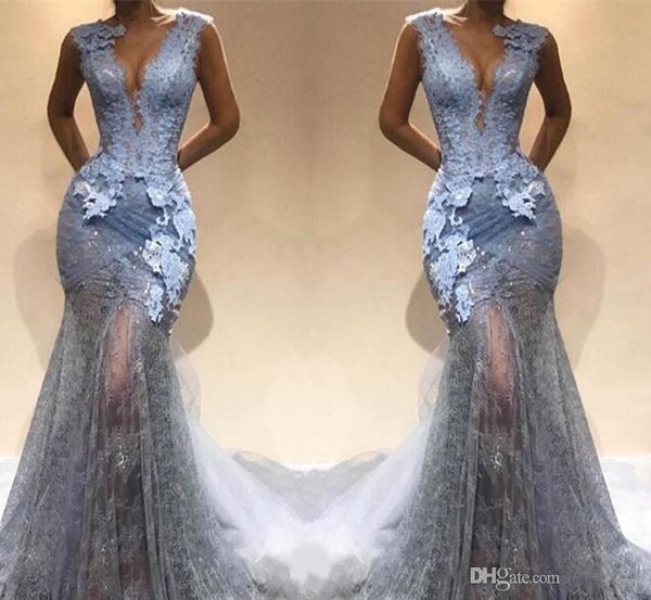 

silver grey lace 2020 mermaid prom dresses deep v neck lace appliqued evening dress illusion party gowns robes de soiree, Black;red
