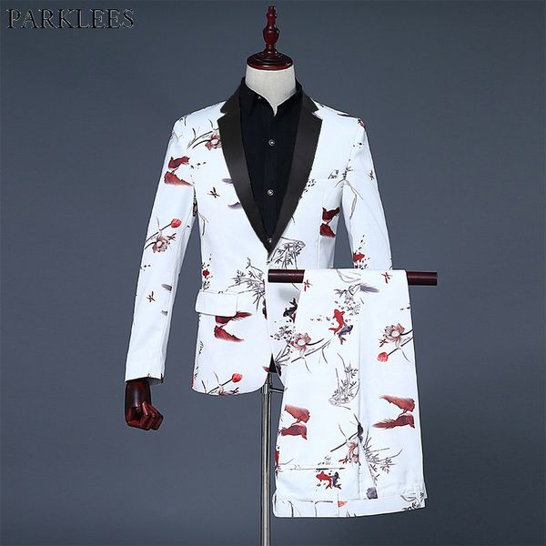 

luxury goldfish print one button white suit men slim fit mens wedding groom suits with pants singer host stage costumes homme, White;black