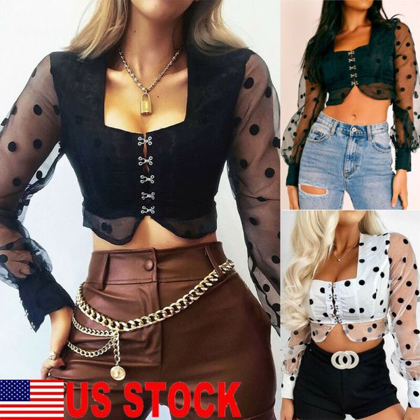 

us stock women crop button square neck short clothing long puff tulle mesh sleeve polka dot sheer tee blouse long sleeve, White
