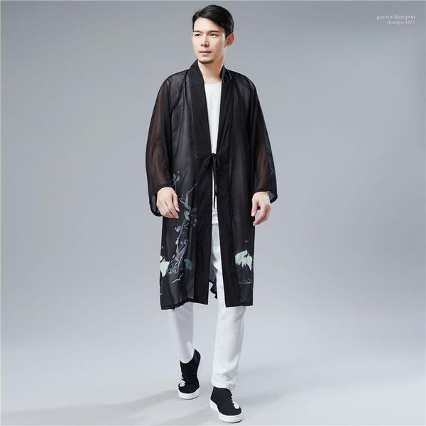 

мужские пальто лето сплит homme han chinese clothing 2020 весна китайский стиль кардиганы птицы печатный пояс повседневная, Black;brown