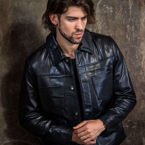 

leather locomotive genuine jacket men single-breasted lapel sheepskin short coat youth fashion style autumn winter clothing, Black