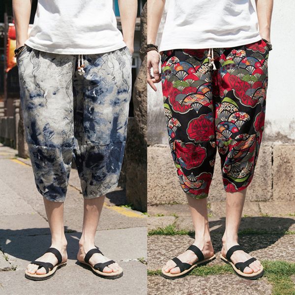 

men japanese style pants asian japan kimono vintage cotton calf-length male hip hop plus size streetwear trousers -5xl, Blue